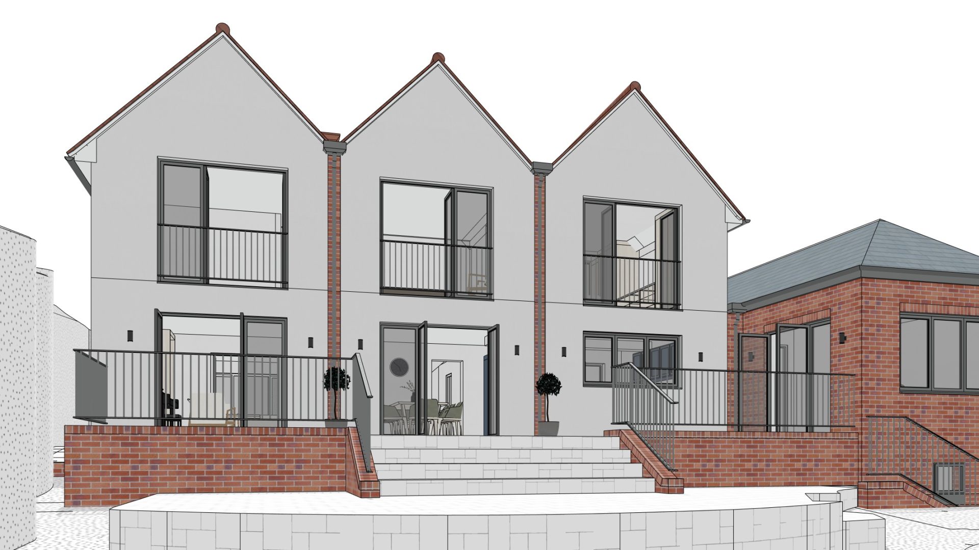 View of rear elevation, rendered finish with large windows and doors to the garden