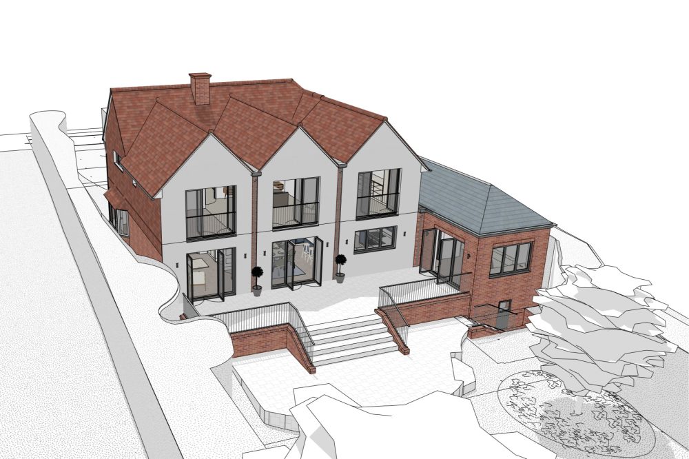 Aerial view of the rear rendered elevation